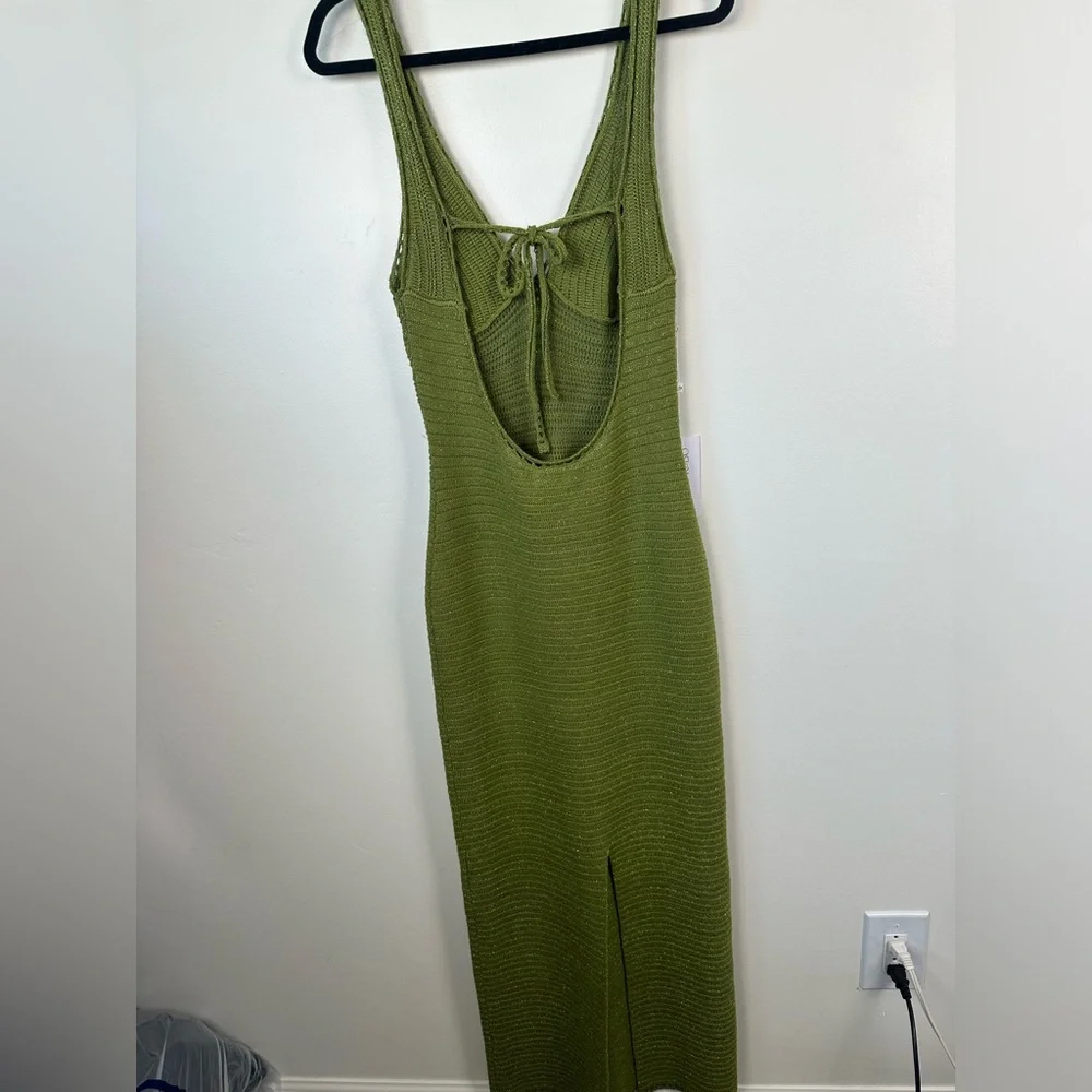 NWT Torn by Ronnie Kobo Madi Metallic Green Crochet Knit Maxi Dress Size Large - Picture 9 of 11